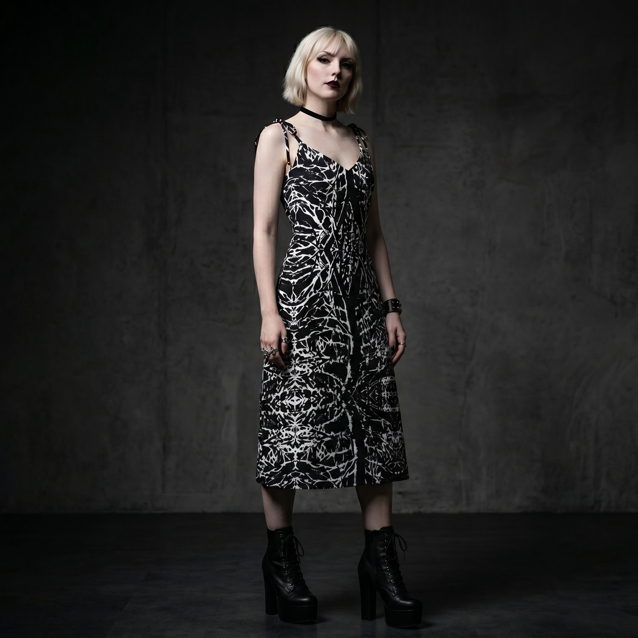 Paths of Blood Black & White Alt Fashion Slip Dress – Goth Persona