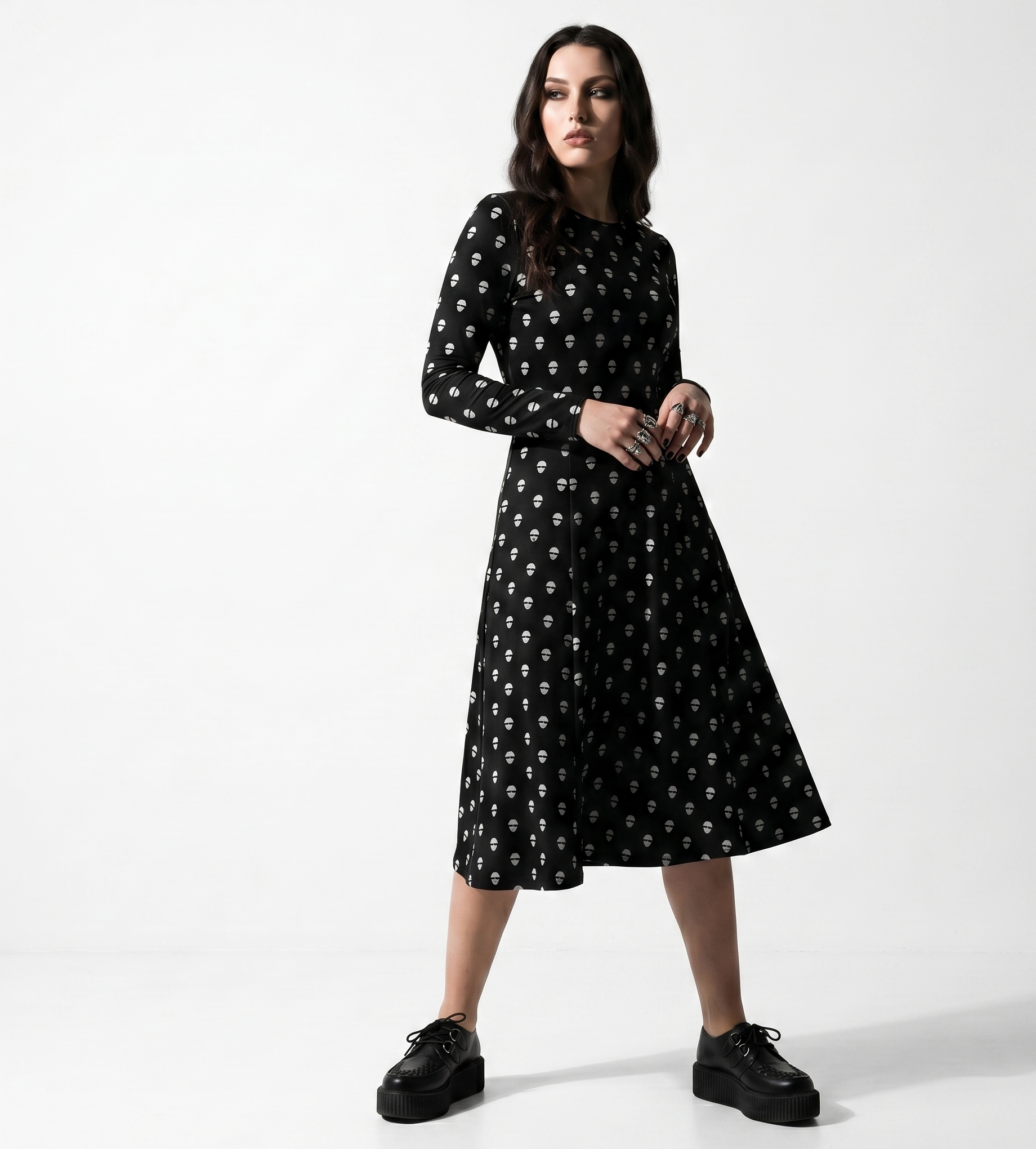 Anonymous Skull Polka Dot Long Sleeve Midi Dress
