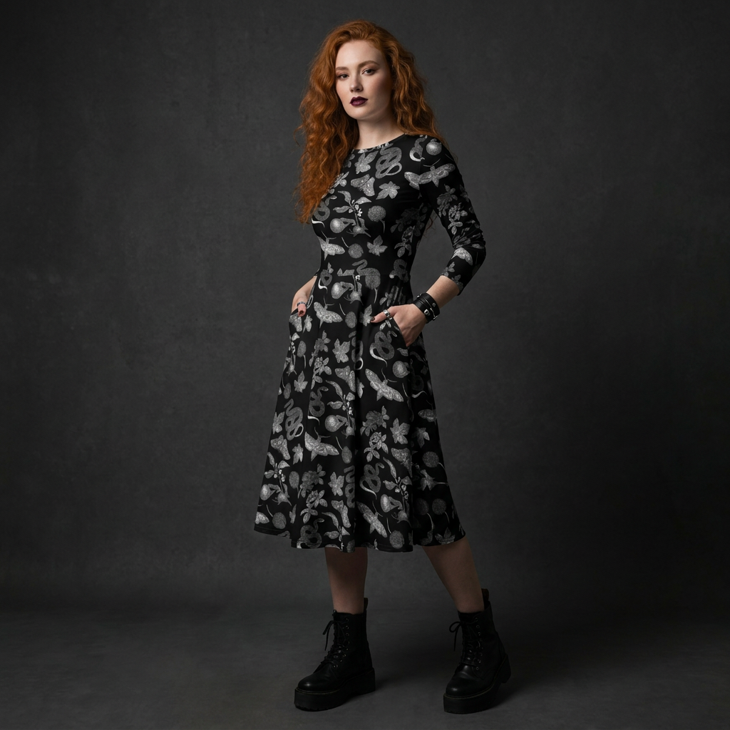 Black & White Chrysalis Nature Long Sleeve Midi Dress