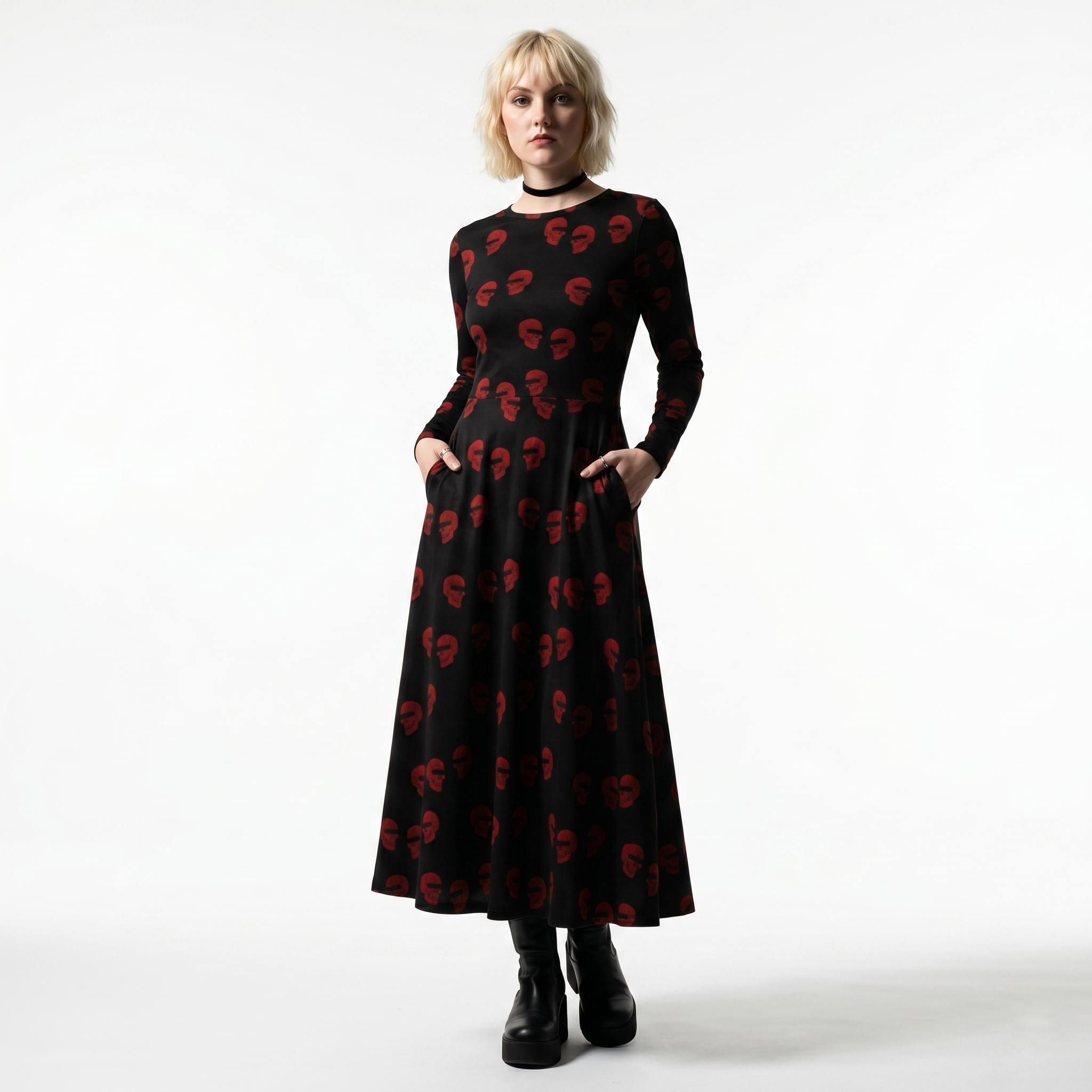 Doppelgangers Red Skull Polka Dot Long Sleeve Midi Dress