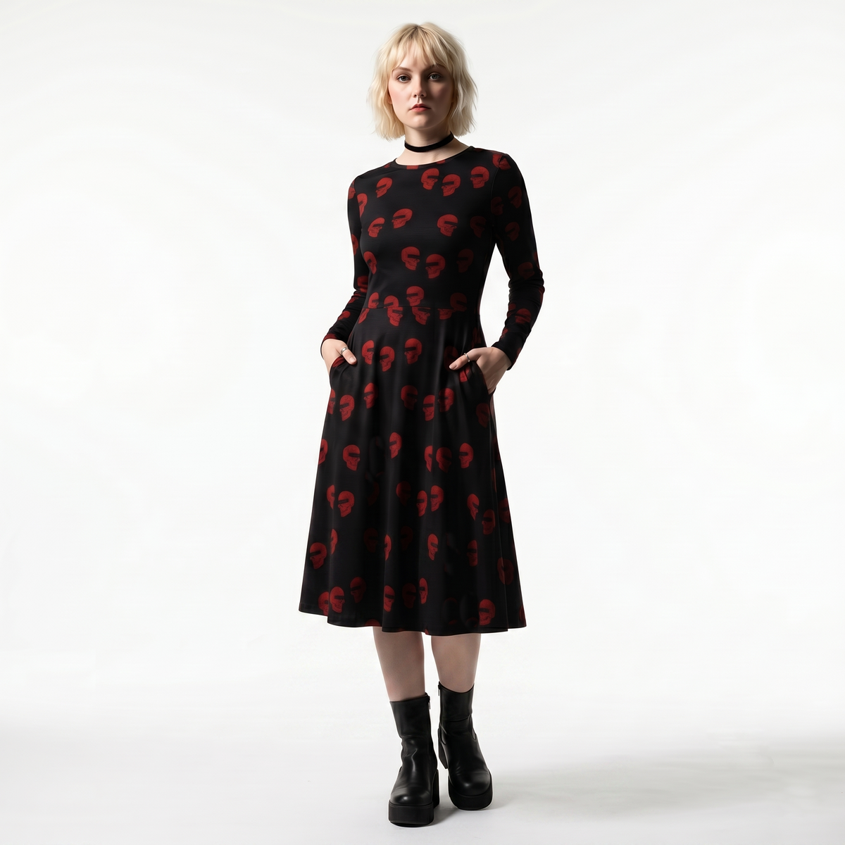 Doppelgangers Red Skull Polka Dot Long Sleeve Midi Dress