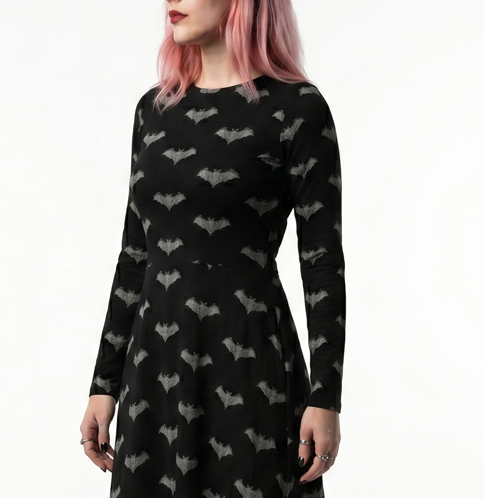 Gray Gargoyle Bats Alt Fashion Long Sleeve Midi Dress