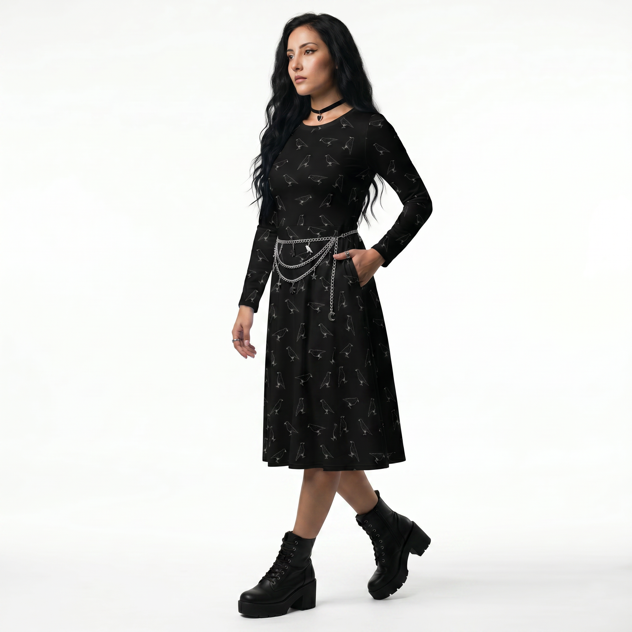 Murder of Crows Cute Gothic Long Sleeve Midi Dress