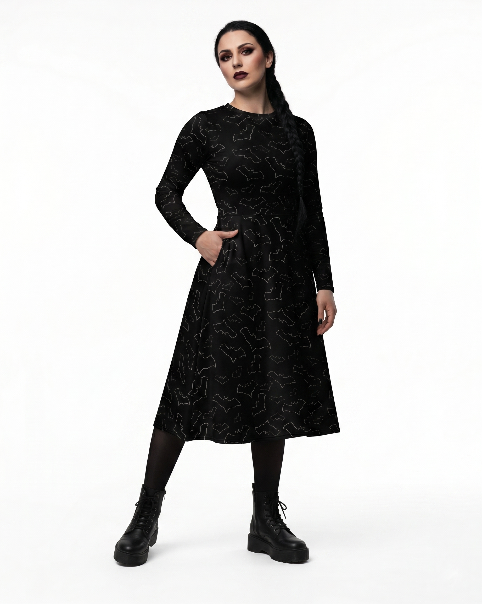 Night Flight Bats Cute Gothic Long Sleeve Midi Dress