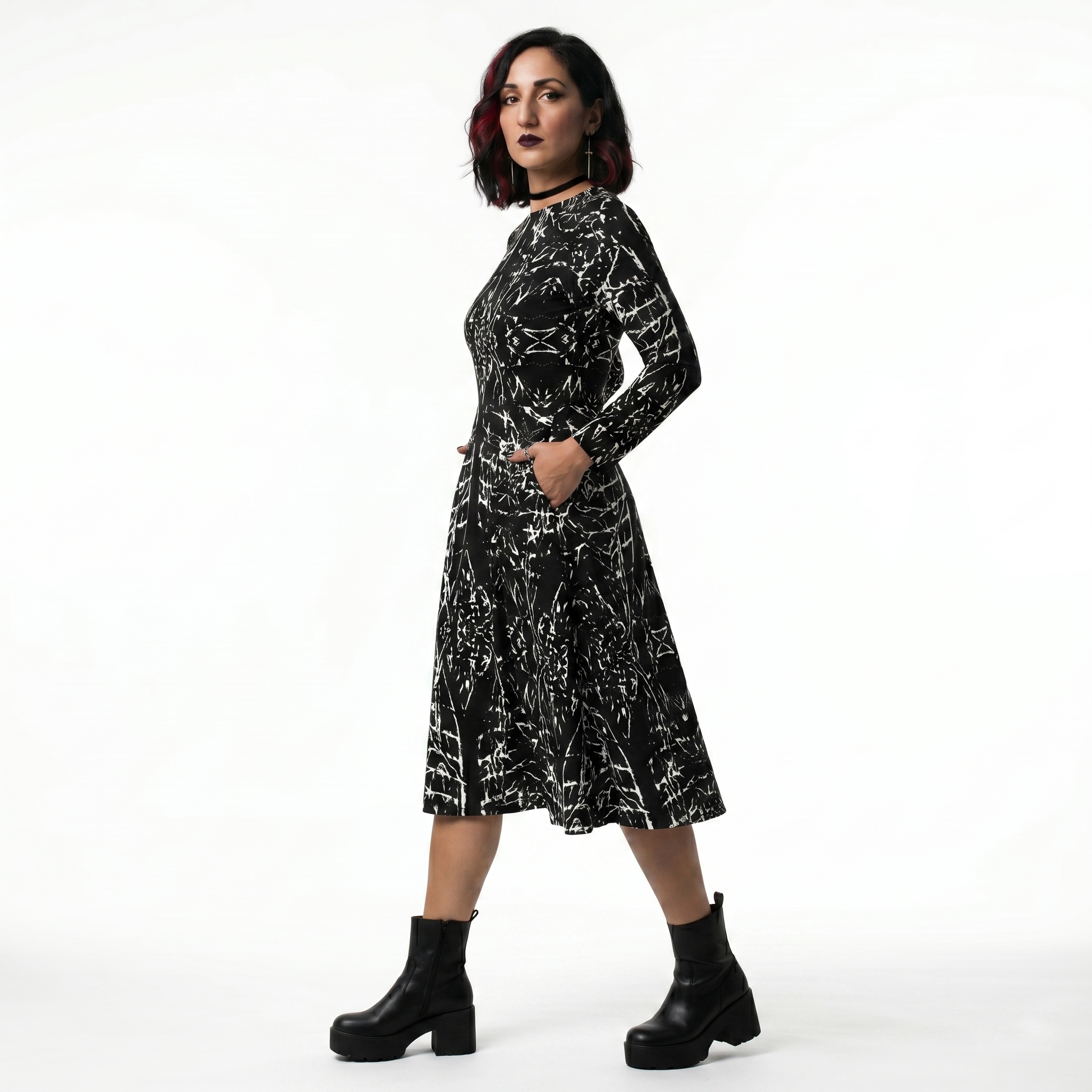 Paths of Blood Black & White Alt Fashion Long Sleeve Midi Dress