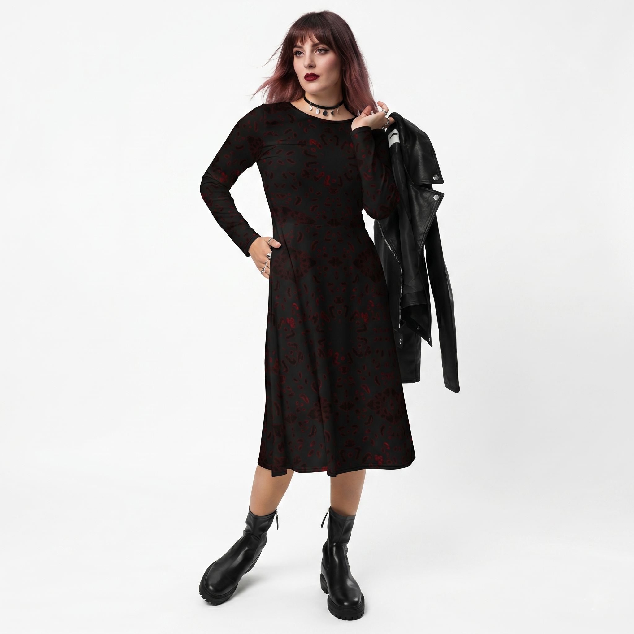 Psychedelic Red Leopard Print Long Sleeve Midi Dress
