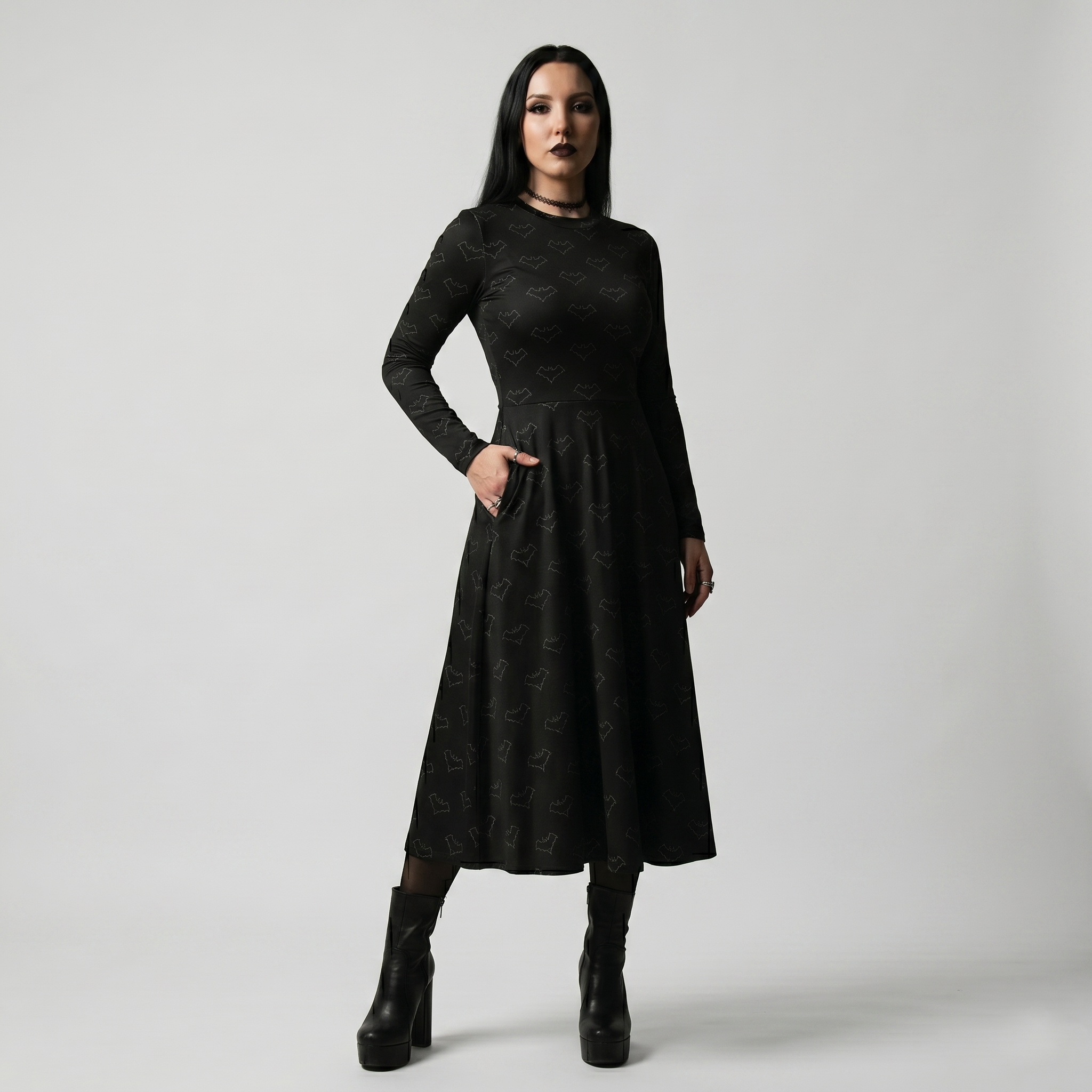 Retro Polka Dot Bats Long Sleeve Midi Dress