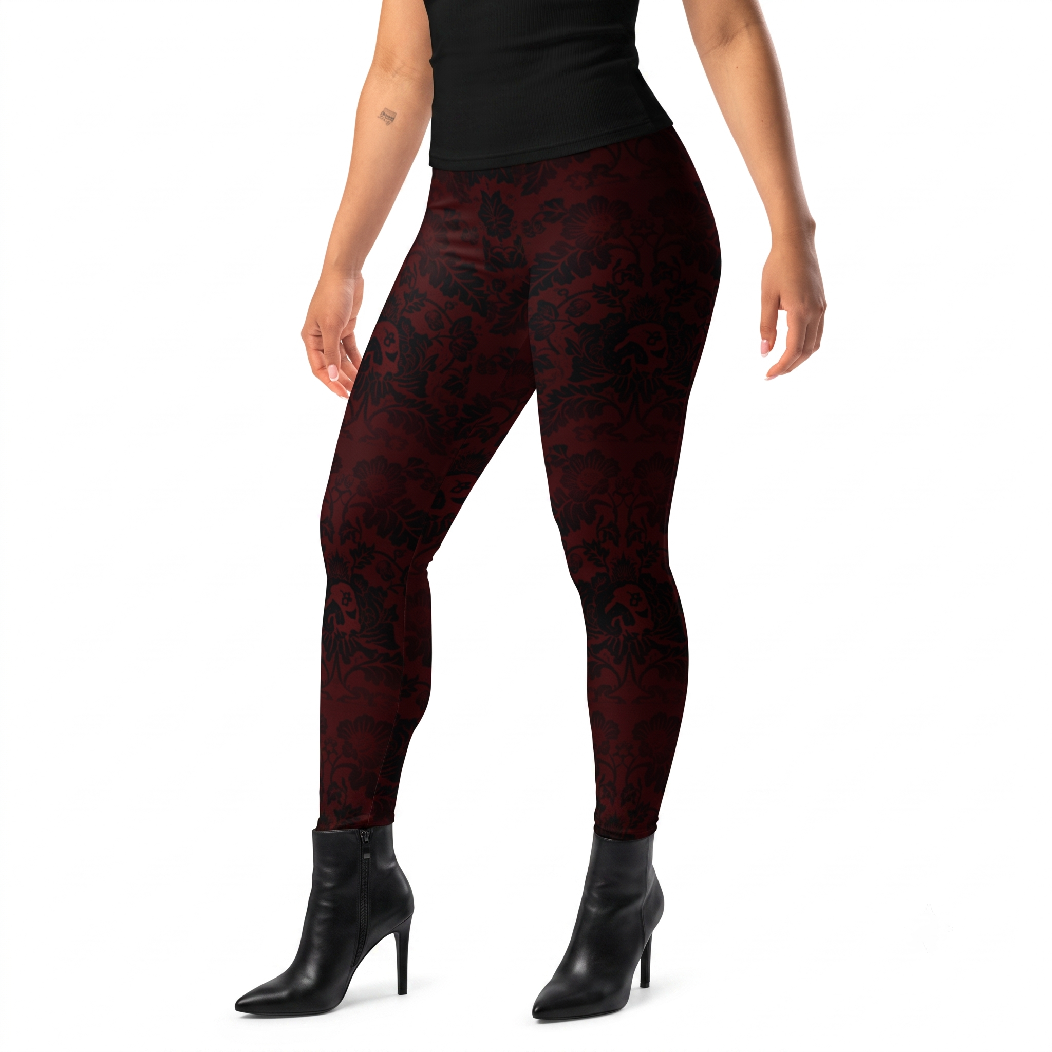 Serpent's Curse Dark Red Floral Damask Crossover Leggings