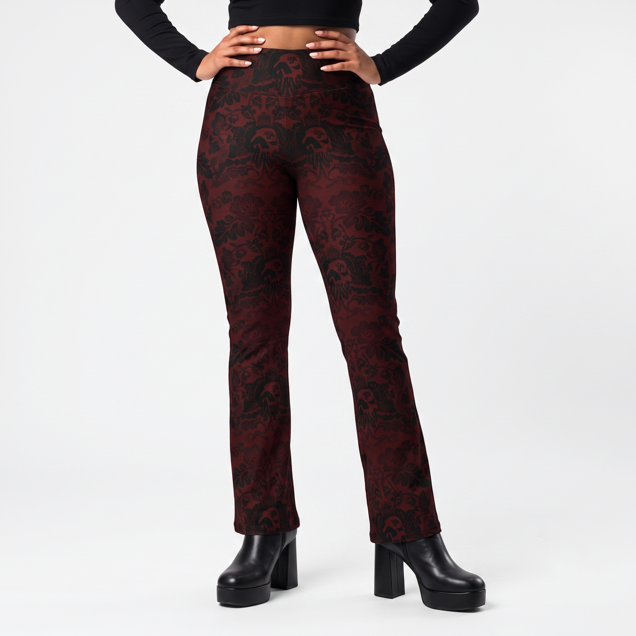 Serpent's Curse Dark Red Floral Damask Flare Leggings