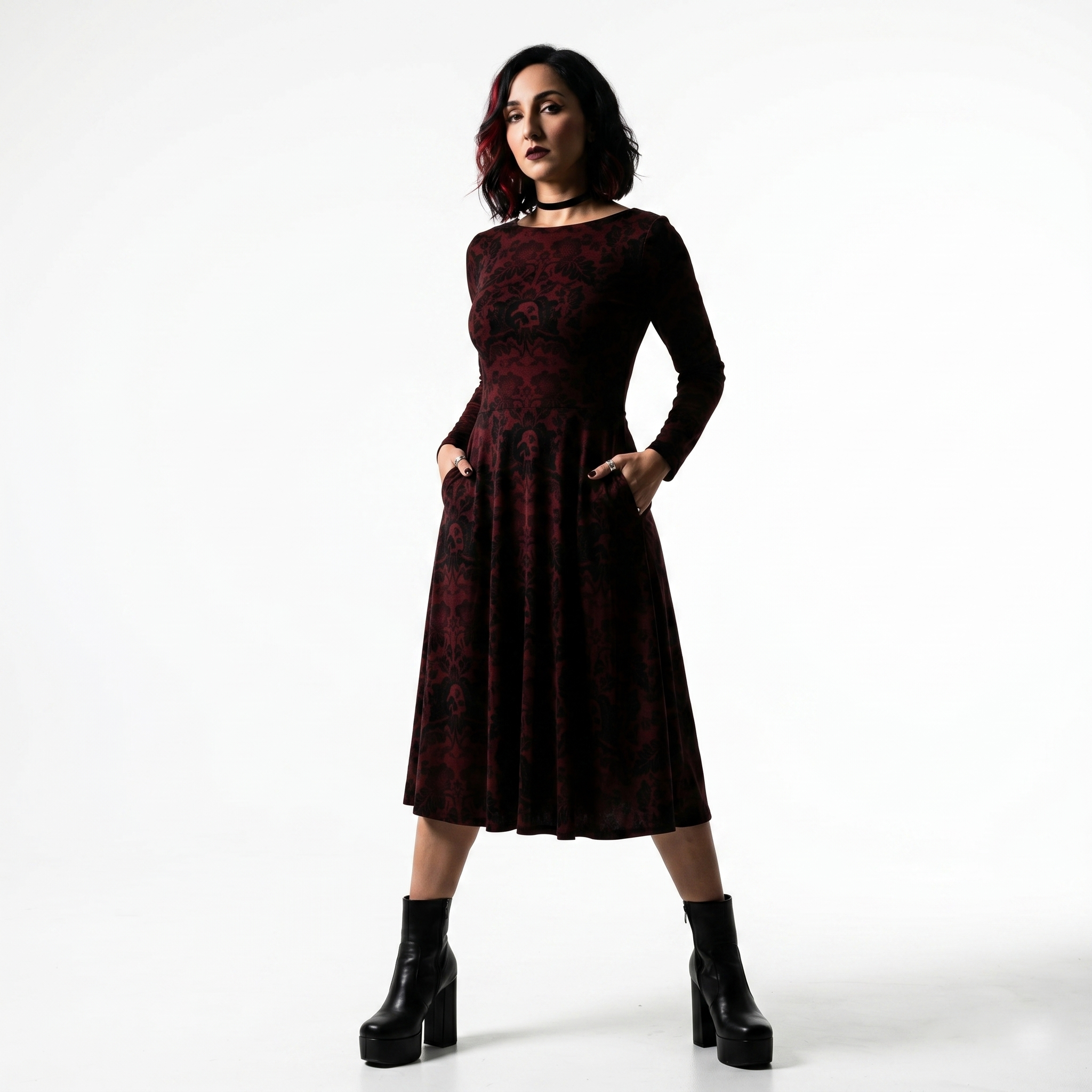 Serpent's Curse Dark Red Floral Damask Long Sleeve Midi Dress