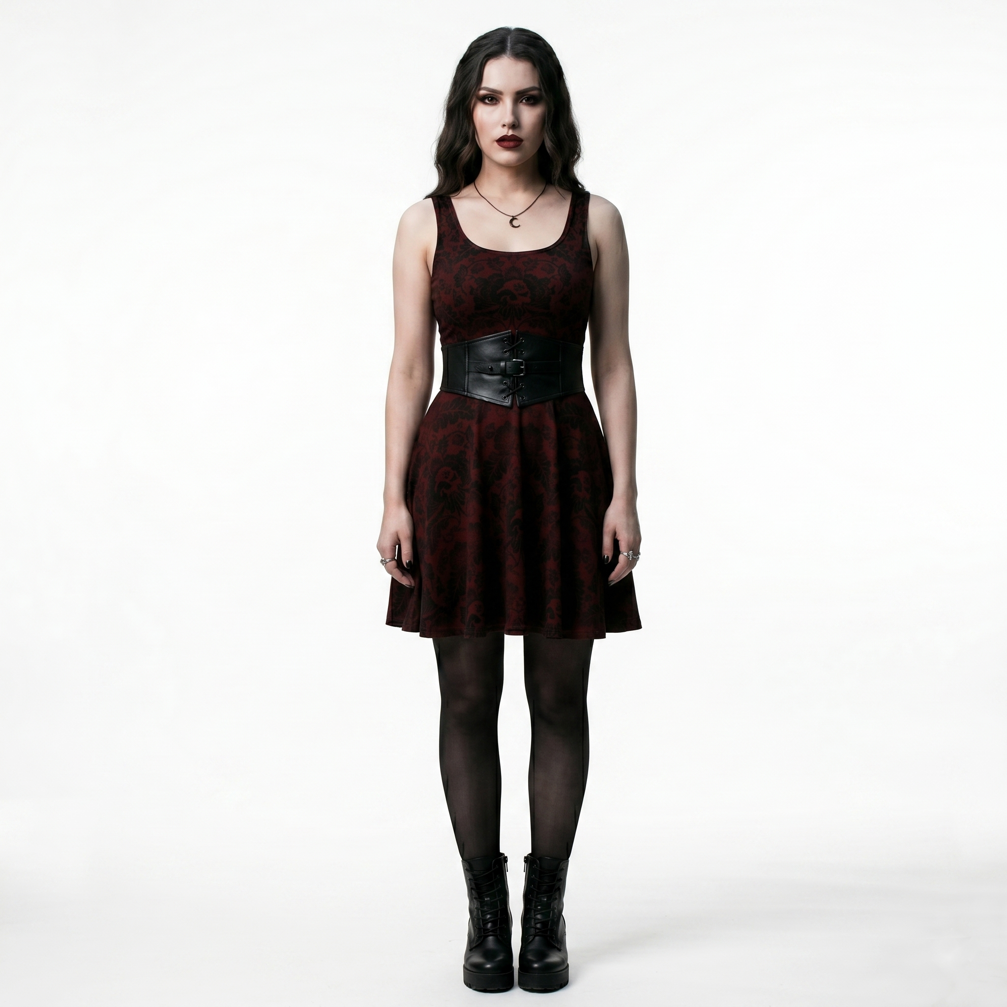 Serpent's Curse Dark Red Floral Damask Skater Dress