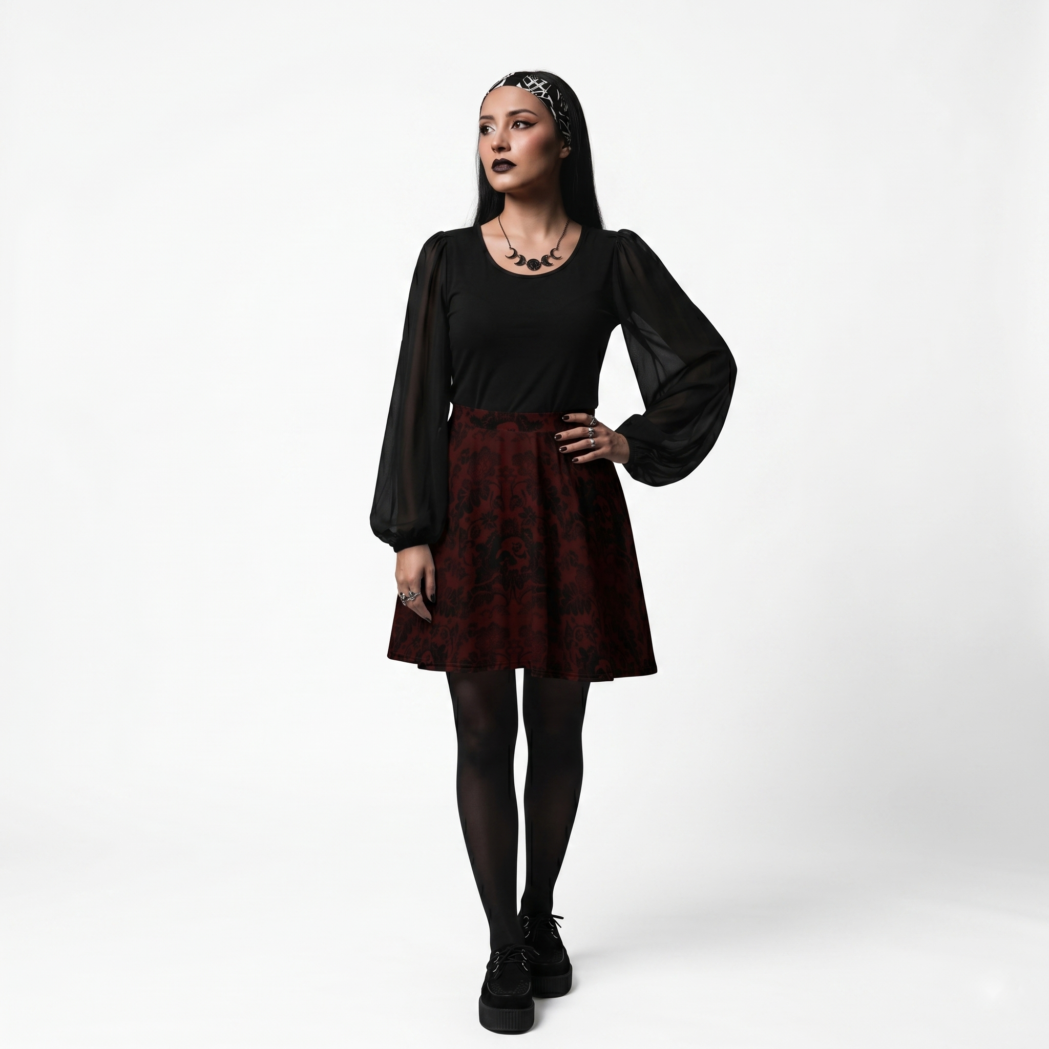 Serpent's Curse Dark Red Floral Damask Skater Skirt