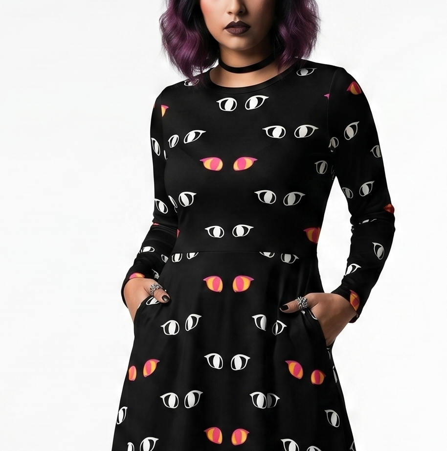 Void Kitty Cat Eyes Polka Dot Long Sleeve Midi Dress