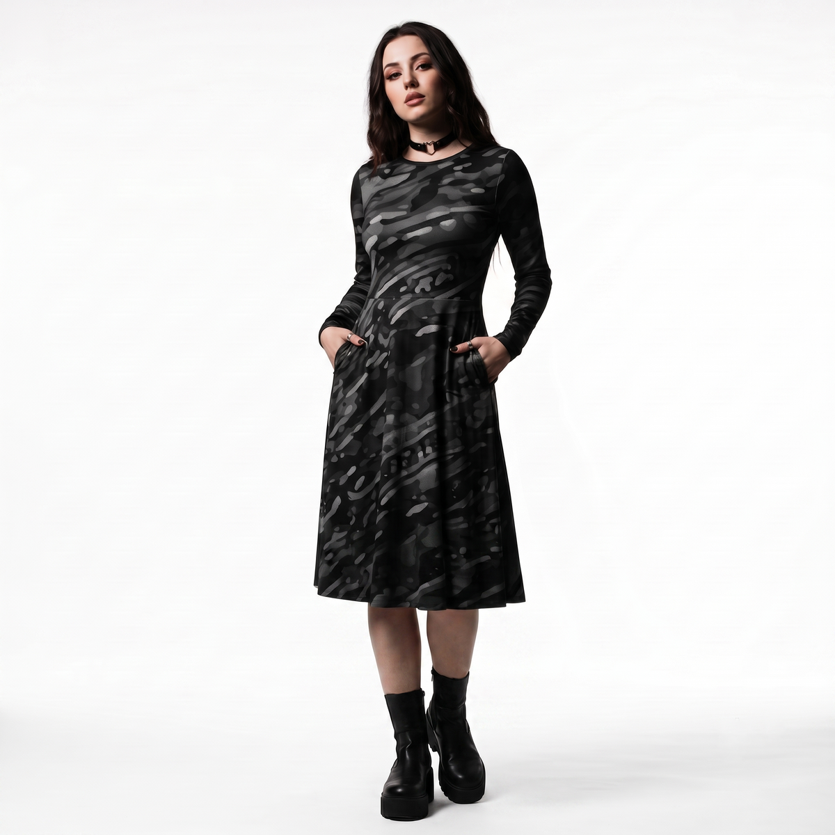 Vortex Black & White Alt Fashion Long Sleeve Midi Dress