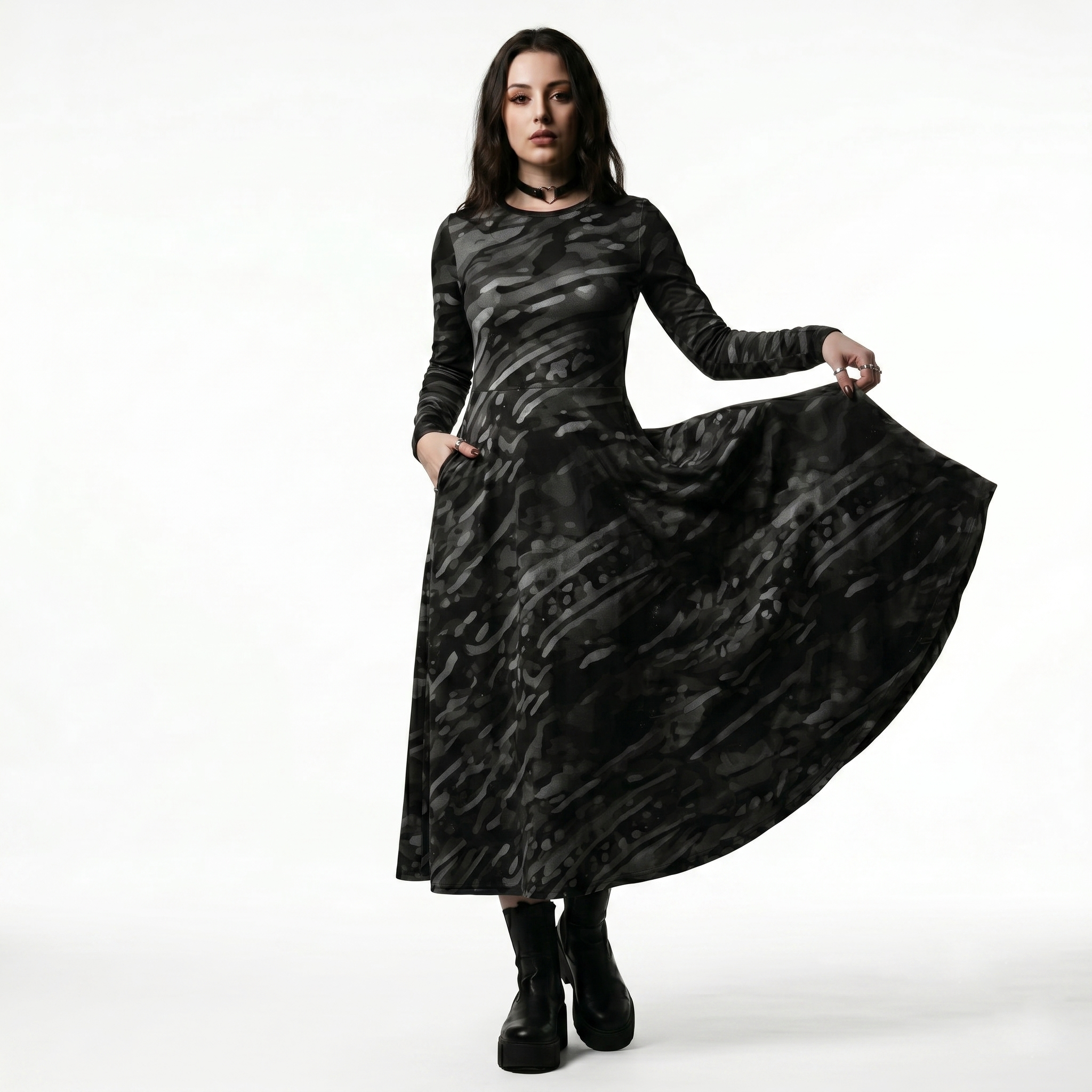 Vortex Black & White Alt Fashion Long Sleeve Midi Dress